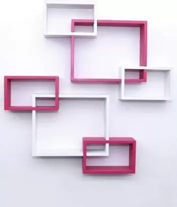 OnlineCraft wall shelf D ( white, pink) ATTECH Wooden Wall Shelf  (Number of Shelves - 6, White, Pink)-