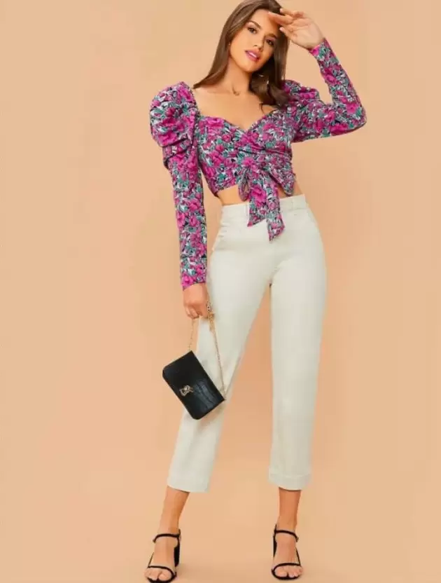 Casual Puff Sleeves Floral Print Women Pink Top-