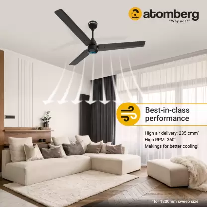 Atomberg Renesa 5 Star 1200 mm BLDC Motor with Remote 3 Blade Ceiling Fan Midnight Black, Pack of 1-