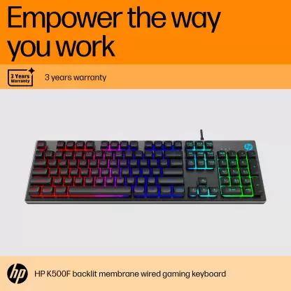 HP K500F / 26 Anti-ghosting keys, Metal Panel, Rainbow Backlight, Membrane Wired USB Gaming Keyboard  (Grey)-