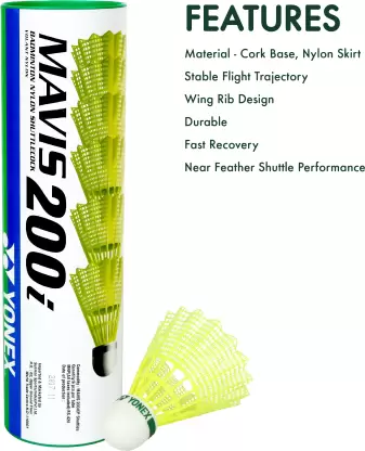 YONEX Mavis 200i Green Cap Nylon Shuttle - Yellow Slow, 75, Pack of 6-