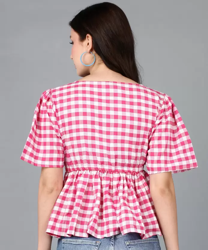 Casual Cold Shoulder Sleeves Checkered Women Pink Top-
