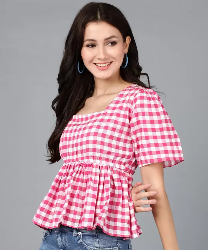 Casual Cold Shoulder Sleeves Checkered Women Pink Top-