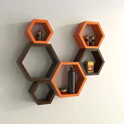 Samrah Hexagon Shape Wall Mounted Shelf Rack Designer for Living Room Set of 6 MDF Medium Density Fiber-