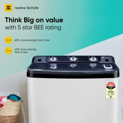 realme TechLife 7 kg 5 Star rating Semi Automatic Top Load Washing Machine White, Black  (RMSA705NNNDW)-