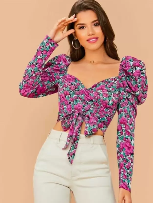Casual Puff Sleeves Floral Print Women Pink Top-
