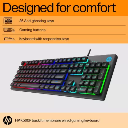 HP K500F / 26 Anti-ghosting keys, Metal Panel, Rainbow Backlight, Membrane Wired USB Gaming Keyboard  (Grey)-