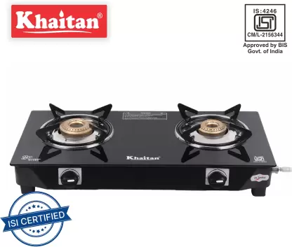 Khaitan 2 Burner BP Nano Premium MS Black Glass Manual Gas Stove  (2 Burners)-